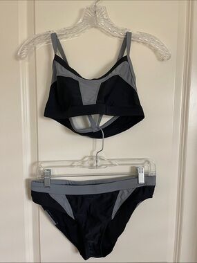 Women’s Two-Piece Swim Set in Black and Gray Athleta top sm bottom md